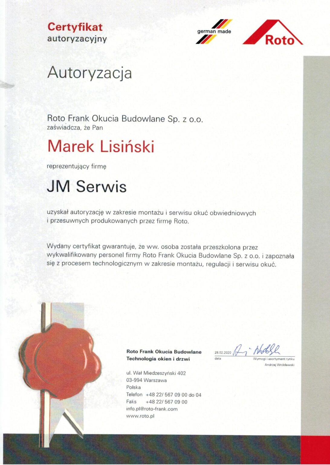 Certyfikat autoryzacyjny Roto